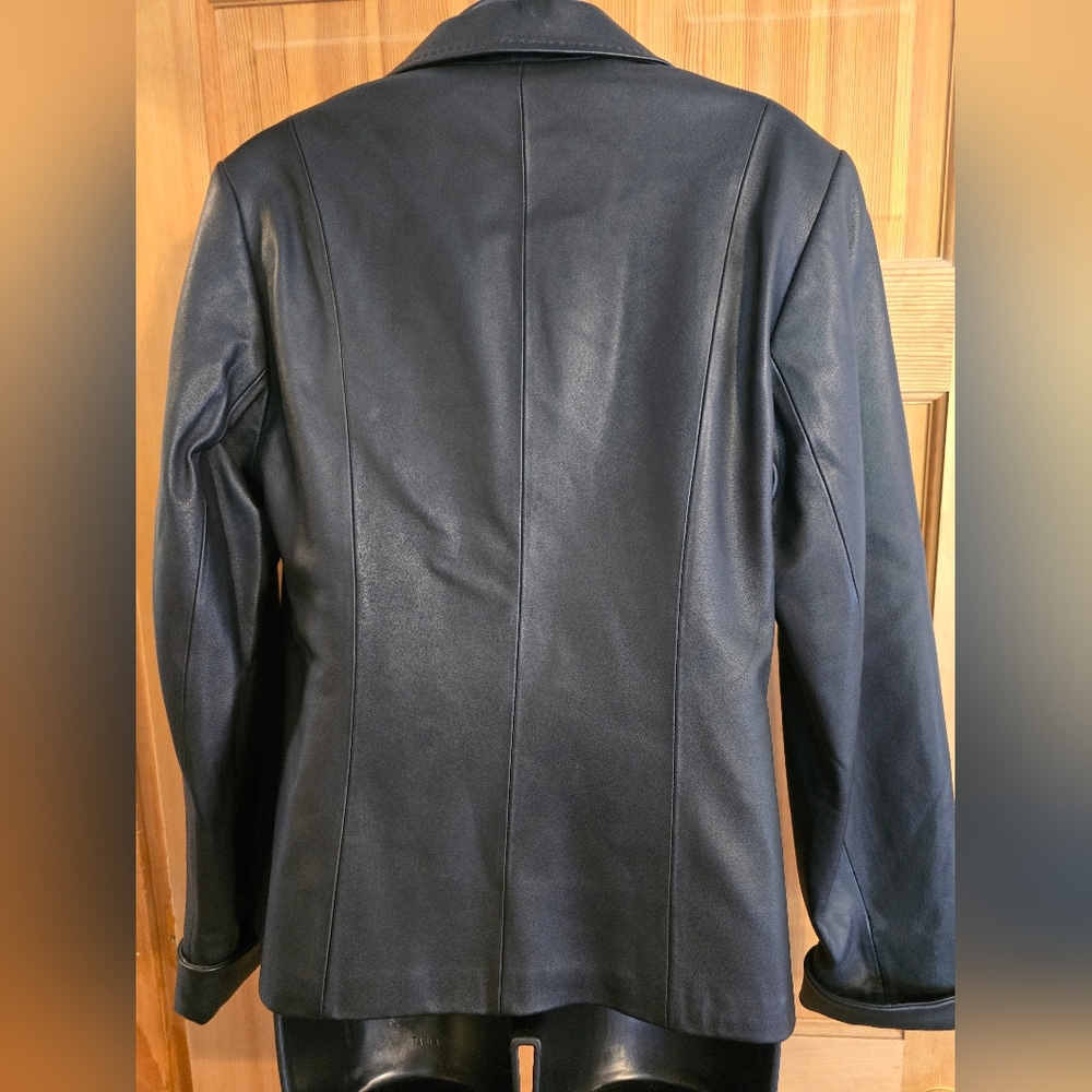 Womans Classic Black Leather Blazer Jacket Tailored Cut Office Biker Size Large - Picture 8 of 13